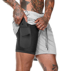 Men's 2 in 1 Running Shorts Security Pockets Leisure Shorts Quick Drying Sport Shorts Built-in Pockets Hips Hiden Zipper Pockets