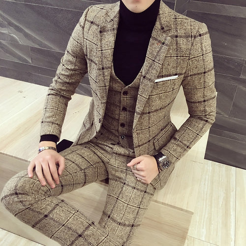 luxury suit ( Blazer + Vest + pant ) Plaid stripes mens suits 2019 Asia size S-5XL High quality tuxedo men suits three-piece set