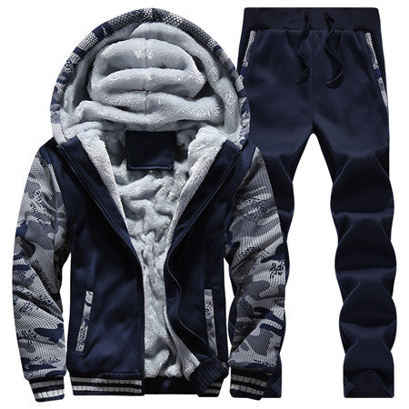 Winter Inner Fleece Hoodies Men 2018 Casual Hooded Warm Sweatshirts Male Thicken Tracksuit 2PC Jacket+Pant Men Moleton Masculino